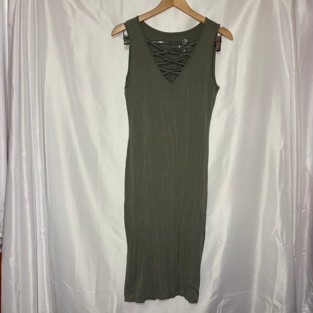 Decree Womens Olive Green Lace Up V-Neck Sleeveless Midi Stretchy Sheath Dress M